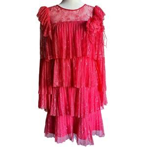 BADGLEY MISCHKA | Pink Red Tiered Pleated Lace Bell Sleeve Dress | Size 2